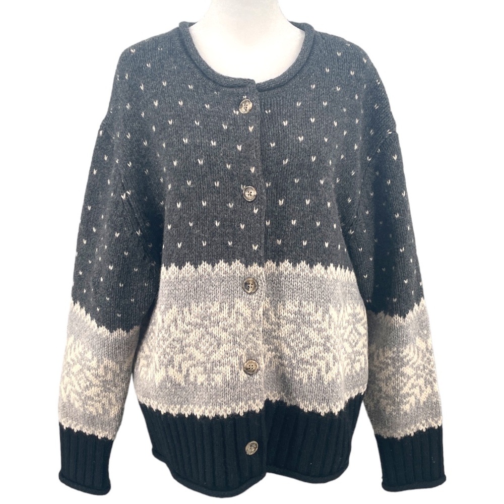 Vintage Eddie Bauer Wmn's Icelandic/Fairisle Wool Sweater Cardigan, Grey, Size L